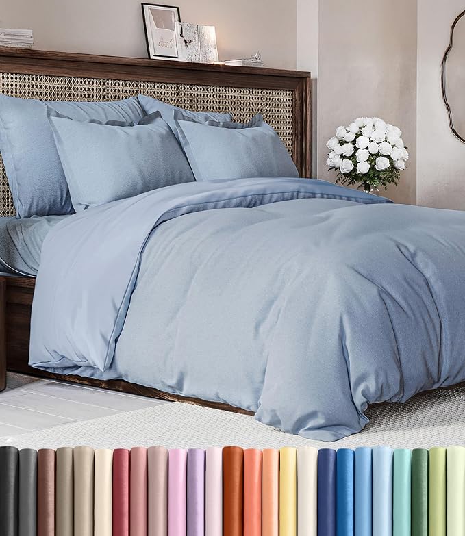 Duvet Cover Cal King - 3 Piece with Zipper Closure - Heathered Blue | Extra Soft, Breathable, Cal King Duvet Cover 104" x 98" with 2 Pillow Shams, Zipper Closures & Ties, Women, Men, Kids & Teens