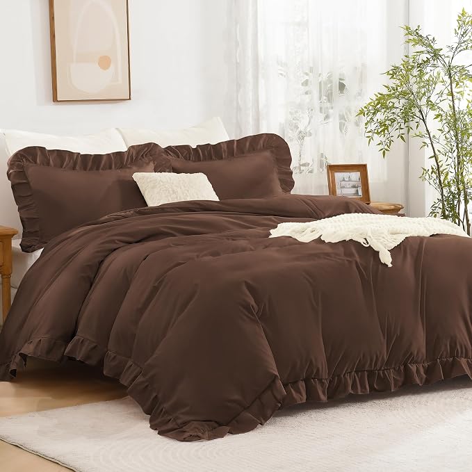 Andency Brown Ruffle Duvet Cover King, Shabby Chic Farmhouse Bedding Set | 3 Pieces Soft Washed Polyester Vintage Ruffled Comforter Cover Set with Zipper Closure & Corner Ties, 104x90Inch
