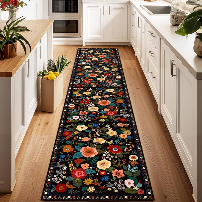 Floral Washable 2x10 Area Rugs Runner Entryway Hallway Black | Flower Carpet, Print, Boho, Non-Slip, Easy to Clean, Low Pile, Soft, for Living Room Bedroom Kitchen Office Entrance