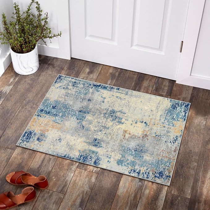 Lahome Modern Abstract Kitchen Rug - 2x3 Washable Small Front Doormat Soft Throw Rugs for Entryway Non-Slip, Contemporary Faux Wool Floor Indoor Carpet for Bathroom, Blue/Yellow/Ivory
