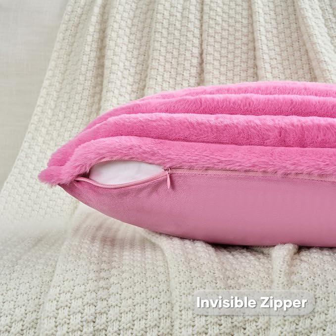 FUTEI Pack of 2 Faux Fur Throw Pillow Covers 20x20 Inch, Hot Pink | Fluffy Faux Rabbit Fur Front/Premium Velvet Back,Hidden Zipper,Machine Washable,Non-Shedding,Colorfast,Insert Not Included.