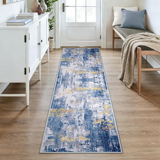 RELEANY Washable Runner 2'6"x8' Abstract Area Rug for Hallway Blue Gold | Carpet for Kitchen, Entryway, Bathroom, Living Room, Bedroom, Printed Pattern, Non‑Slip, Soft, Stain‑Resistant, Easy to Clean