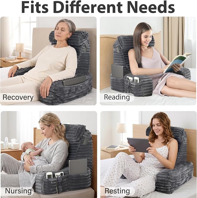 ENITYA 19" Large Back Pillow for Bed Sitting Up with Armrests & Big Pockets | Reading Pillow for Bed, Soft Back Support Chair, Ideal for Watching TV, Gaming, Nursing, Resting, Post Surgery, Dark Grey