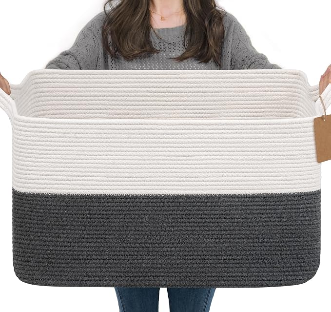 Goodpick 75L Extra Large Woven Rope Blanket Basket, Rectangle, Dark Gray | 22" × 17" × 12" Decorative Storage Basket for Blankets, Toys & Clothes, Fits Living Room, Bedroom & Nursery Organization