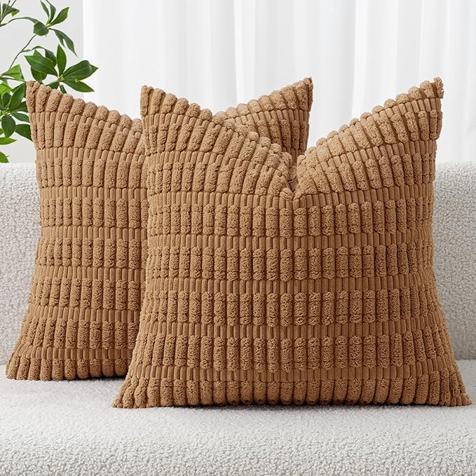 MIULEE Corduroy Decorative Throw Pillow Covers 18x18 Brown Pack of 2 | Soft Boho Striped Pillow Covers Modern Farmhouse Fall Home Decor For Sofa Living Room Couch Bed