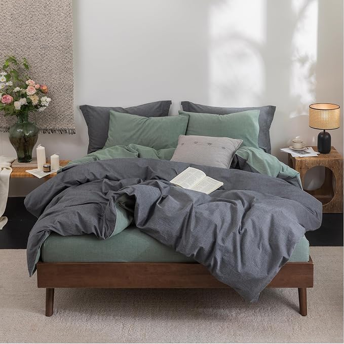 BDEAR 3Pcs Duvet Cover Set King Size 104" Wx90 L,Heathered Green and Grey | 100% Washed Cotton, 1 Duvet Cover with 2 Pillowcases, Zipper Closure, OEKO TEX Standard,8 Corner Ties,Linen-Liked Texture