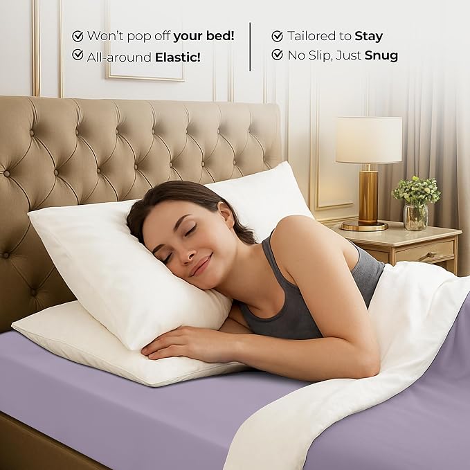 Queen Fitted Sheet, Ultra Soft Fits Up to 16 Inch Deep Pocket, Lavender | Hotel Comfort, Cooling & Breathable Cotton like Polyester, Easy Fit, Wrinkle & Fade Resistant, Snug Fit, Easy Care, Oeko-Tex