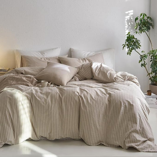 MooMee Striped Duvet Cover Set 100% Washed Cotton Linen Like Twin | Relaxed Linen-like Texture. Soft, Breathable & Long-lasting Comfort. Lightweight. Hidden Zipper with 8 Interior Corner Ties