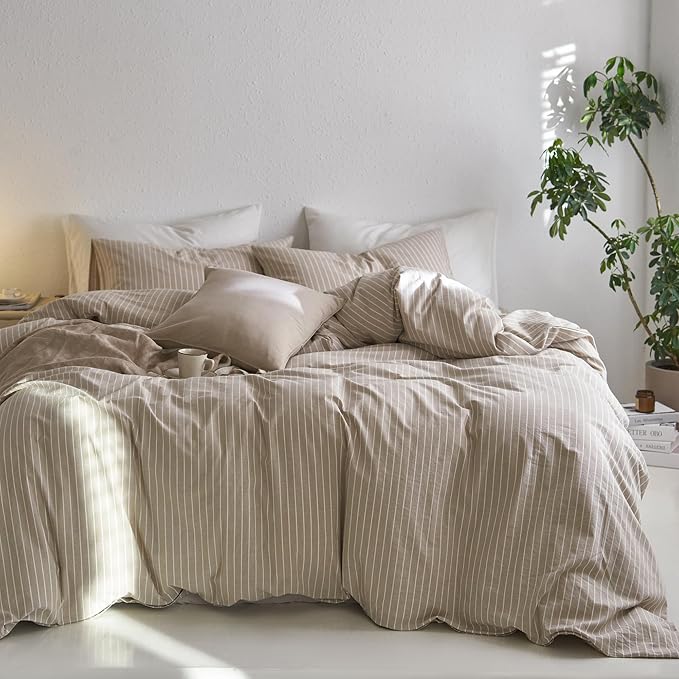 MooMee Striped Duvet Cover Set 100% Washed Cotton Linen Like Super Queen | Relaxed Linen-like Texture. Soft, Breathable & Long-lasting Comfort. Lightweight. Hidden Zipper with 8 Interior Corner Ties