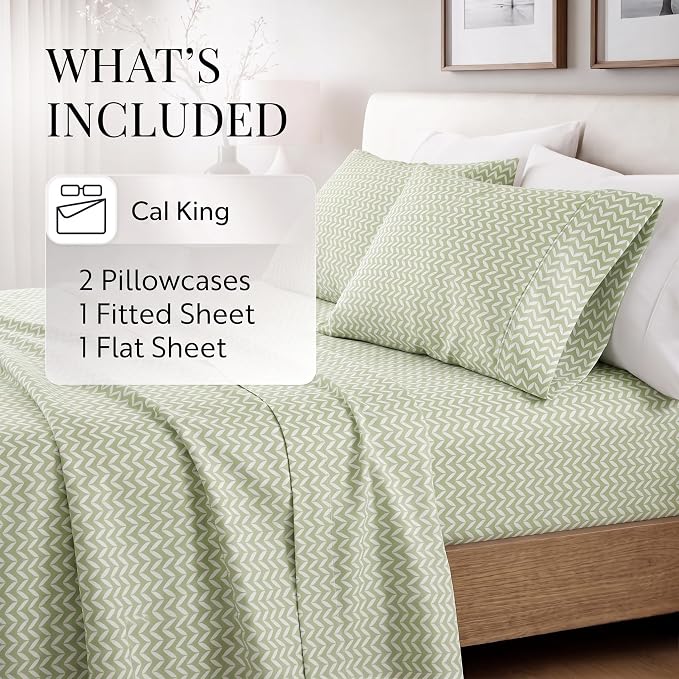 Linen Market Double-Brushed Patterned Microfiber California King Sheet Set 4 Piece – OEKO-TEX Certified Ultra Soft & Wrinkle-Free - 16" Deep Pocket Sheets Easy Care Cal-King Size - Puffed Chevron Sage