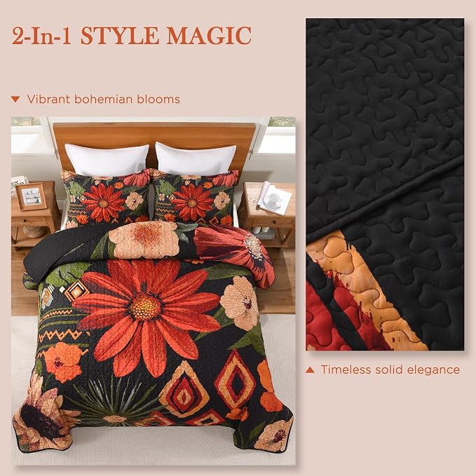 Andency Oversized King Quilt Set Black, 128x120 Floral Super King Bedspread | 3 Pieces Red Boho Flower Botanical Summer Bedspreads with 2 Shams, Reversible Polyester Coverlet Set for All Seasons