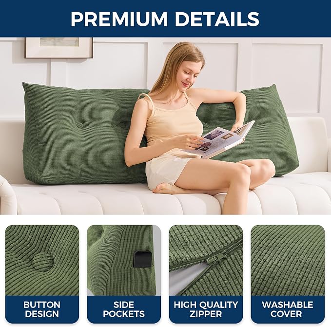Headboard Pillow King, Wedge Pillow Headboard, Forest Green | Triangle Backrest for Headboard, Bed Pillow for Sitting Up Reading Working, Removable Cover, Side Pockets, for Bed Dorm Sofa