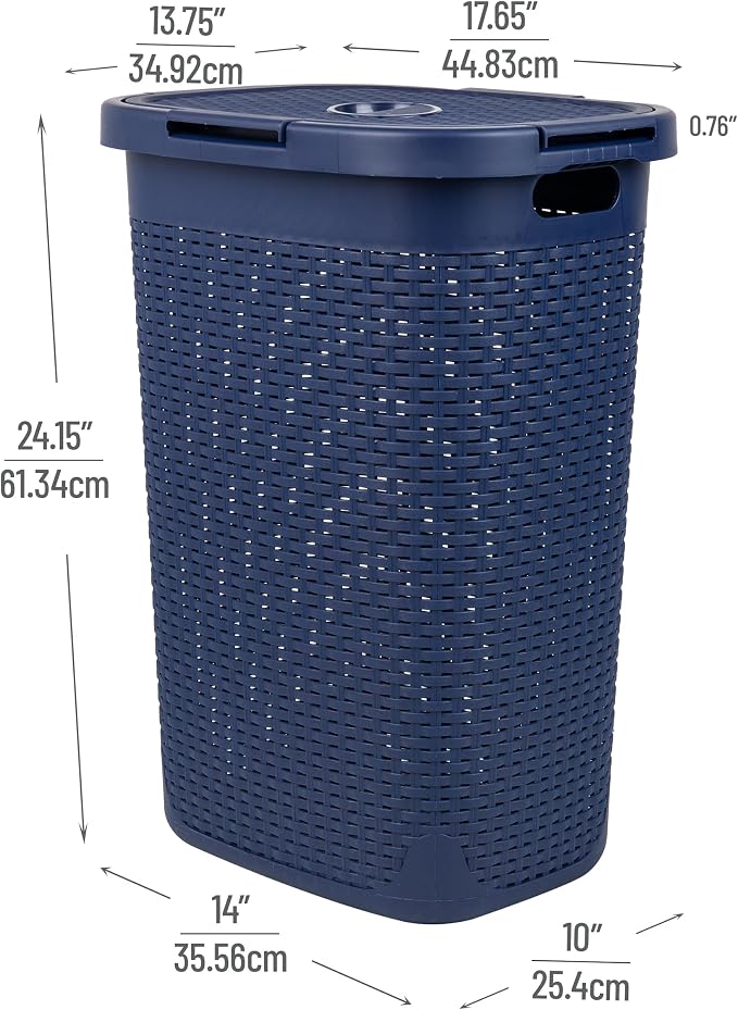 Mind Reader Slim Laundry Hamper with Lid, 60L Tall Clothes Basket, Narrow Tapered Design for Bathrooms, Closets and Laundry Rooms, Plastic, Navy