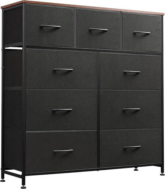 WLIVE Tall Dresser for Bedroom, 9 Drawer Dresser, Black and Rustic Brown | 9 roomy fabric drawers, Tall storage design, Bedroom or closet use, Chest of drawers, Smooth wood tabletop