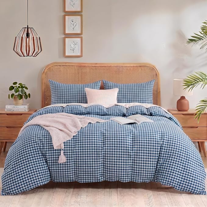 NEXHOME PRO Blue Gingham Duvet Cover King, 100% Washed Cotton Like Linen Feel Organic Natural Bedding Set 3 Piece Navy Vintage Plaid Checkered Comforter Cover Set (No Comforter) 10490