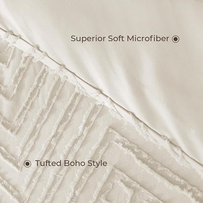 Litanika Full Size Comforter Set, 3 Pieces Beige Tufted Boho Bedding Set | Farmhouse Shabby Chic Vintage Bohemian Textured Aesthetic Soft Fluffy Lightweight Breathable All Season Bed Set for Full Bed