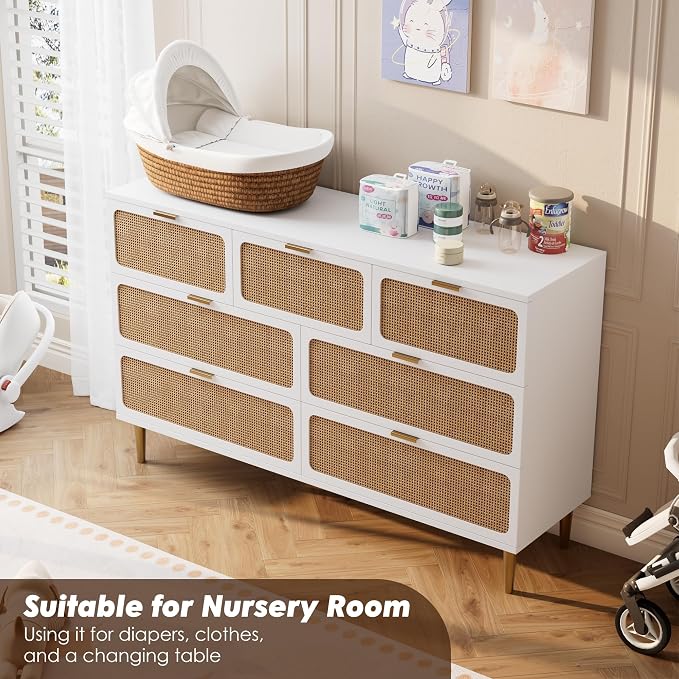GarveeHome Rattan 7 Drawer Dressers for Bedroom, Deep Drawer, White | Tall Dresser, Wide Top, for Living Room, Hallway, Kids Room, Large Chest of Drawers for Closet, Long Wooden Dresser