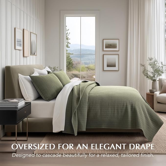 EverGrace 100% Cotton Modern Grid Stitch Quilt Set, King Size, Olive Green | Pre-Washed Cotton Coverlet Bedspread, Oversized Lightweight 3-Piece Bedding Set for All Season, with 2 Pillow Shams