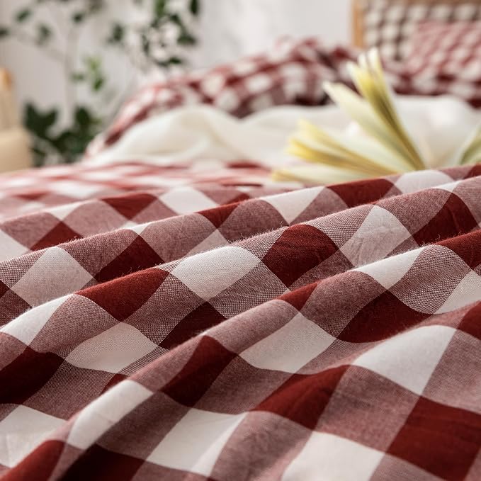 BESTOUCH Gingham Cotton Duvet Cover Set Fired Brick Red Full | Washed Cotton, Linen Feel, Soft Wrinkle Texture, Hidden Zipper, 8 Ties, Breathable Lightweight Durable Comfy, 3 Pcs No Insert