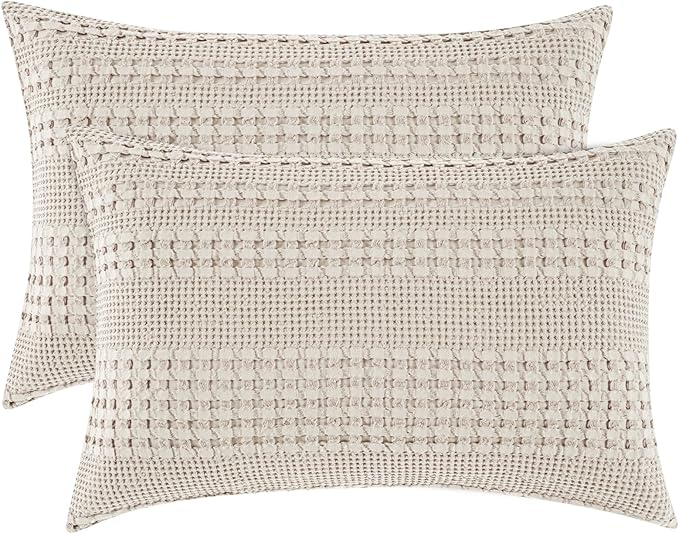 PHF 100% Cotton Waffle Pillow Shams Queen Size, 2 Pack 20" x 30" Soft Skin-Friendly Pillowcases, No Filling, Aesthetic Woven and Breathable Waffle Weave Pillow Case Covers for Bed, Oatmeal