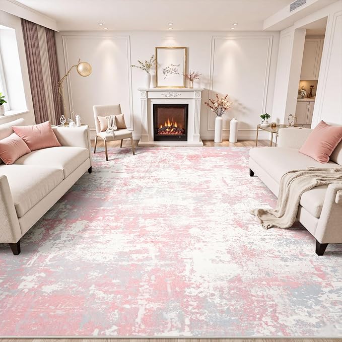 Rugflix 8x10 Area Rugs for Bedroom, Washable Pink Large Rug | Machine Washable; Stain-Resistant; Low Pile; Non-Slip; Modern Abstract; Carpet for Nursery Girls Room Living Office Home