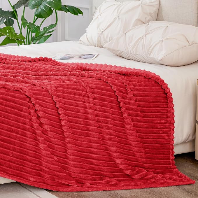 BEDELITE 3D Ribbed Jacquard Red Blankets Queen Size for Bed, 90x90 Inch | Soft Warm Decorative Fluffy Blanket, Cozy Fuzzy Lightweight Plush Fleece Throw Blankets for Bed, Room Decor, Gift for Women