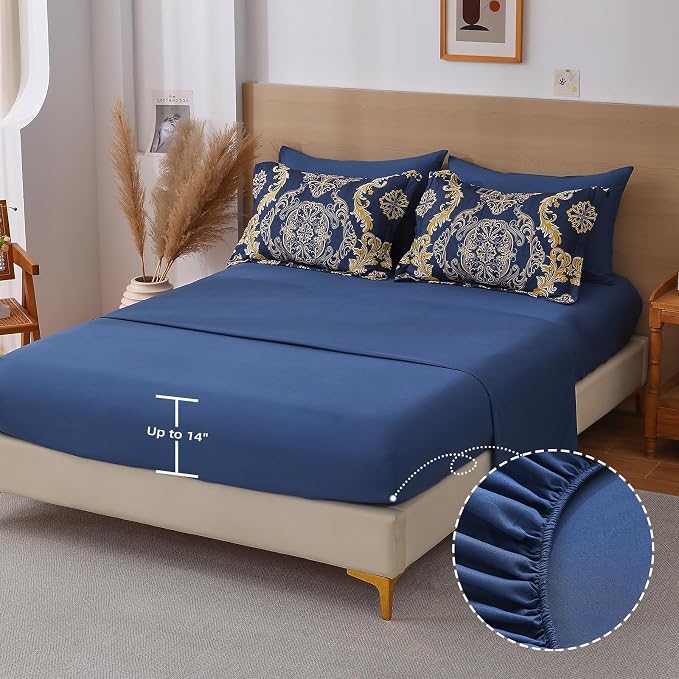 WONGS BEDDING Blue Gold Comforter Set Queen Size,Damask Texture 7 Pieces Bed in a Bag Microfiber Comforter Bedding Sets -1 Comforter, 1 Flat Sheet, 1 Fitted Sheet, 2 Pillow Shams, 2 Pillowcases