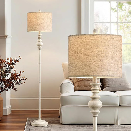 BOBOMOMO 64.25" Farmhouse Floor Lamp for Living Room, Tall Antique White Standing Lamp with Rotary Switch, Vintage Reading Lamp for Bedroom & Nursery, Rustic Home Decor Corner Lamp