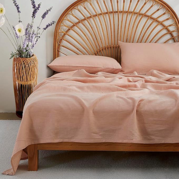 100% Linen Sheets Set Queen Size, Natural Pure Flax 4 Piece Bed Sets, 16" Deep Pocket, Breathable Cooling Bed Soft Durable Bedding, Machine Washable (Pink,Queen)