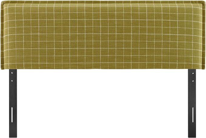 Modway Camille King Size Checkered Linen Blend Plaid Headboard with Removable Slipcover – in Artichoke Windowpane Check - Padded Pillow Style Headboard with Adjustable Mounting for King Beds