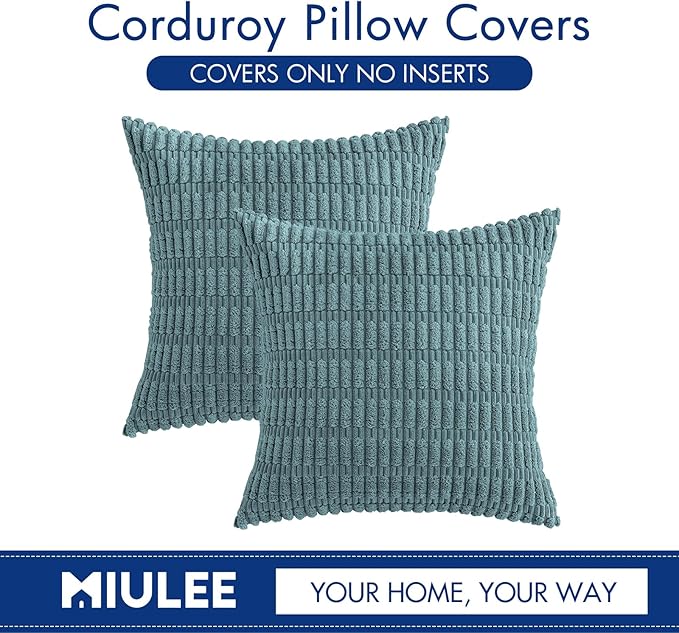 MIULEE Corduroy Decorative Throw Pillow Covers 16x16 Coastal Blue Pack of 2 | Soft Boho Striped Pillow Covers Modern Farmhouse Home Decor For Sofa Living Room Couch Bed