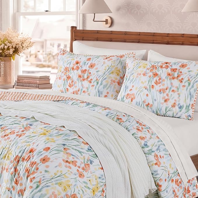Twin/Twin XL Quilt Set-2 Pieces Soft Bedding Floral Reversible Coverlet | All Seasons Lightweight Quilts Queen Size for Bed, Breathable Vintage Bedspread with Sham, Orange Floral