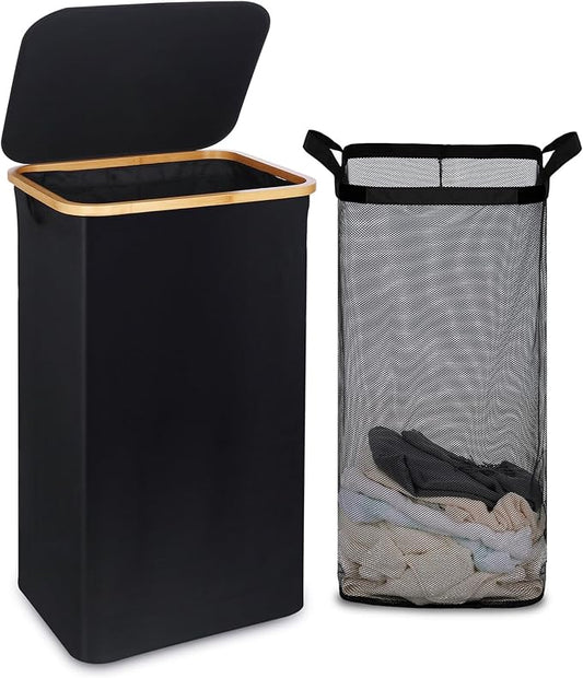 efluky 100L Laundry Basket with Lid and Net Bag, Tall Laundry Hamper with Bamboo Handles, Aesthetic Dirty Clothes Bin for Laundry Room, Bathroom, Bedroom and Dorm, Black
