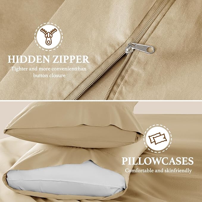 DEITAS 100% Cotton King Duvet Covers 3 Piece,1200 Thread Count，Beige | Luxury Egyptian Cotton Comforter Cover With Zipper Closure, Ultra Cooling Breathable, Hotel Bedding Duvet Covers