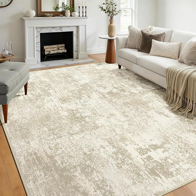 RELEANY Washable 6'x9' Abstract Area Rug for Living Room Cream Beige | Carpet for Bedroom, Kitchen, Office, Hallway and Entryway, Printed Pattern, Non‑Slip, Soft, Stain‑Resistant, Easy to Clean