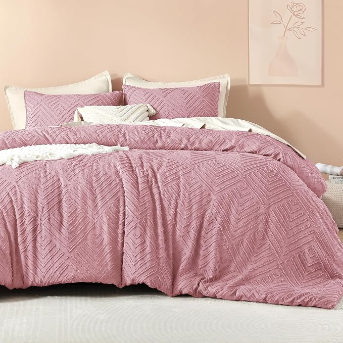 Litanika Queen Size Comforter Set, 3 Pieces Tufted Boho Bedding Set | Grayish Pink Farmhouse Shabby Chic Vintage Bohemian Textured Aesthetic Soft Fluffy Lightweight Breathable All Season Bed Set