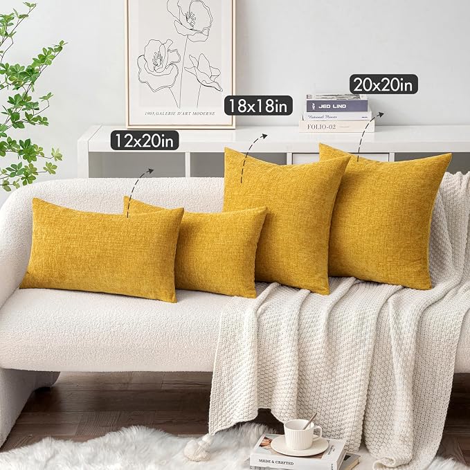 MIULEE Chenille Lumbar Throw Pillow Covers Mustard Yellow 12x20 Pack of 2 | Soft Modern Home Decor, Classic Decorative Pillows, Solid Dyed Cases, Boho Couch Cushion Covers for Sofa Bed Living Room
