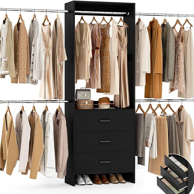 Aheaplus Closet System, 4.2-9Ft Closet Organizer with Wooden Drawers, Black | for Walk in Closet, Wardrobe Clothes Rack with 4 Hanging Rods, Garment Rack