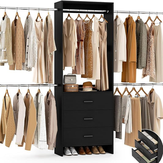 Aheaplus Closet System, 4.2-9Ft Closet Organizer with Wooden Drawers, Black | for Walk in Closet, Wardrobe Clothes Rack with 4 Hanging Rods, Garment Rack