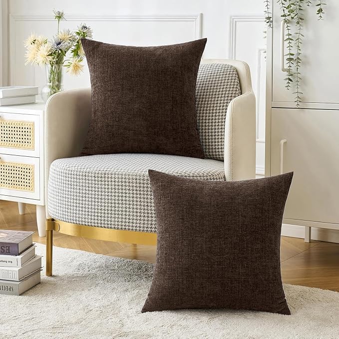 MIULEE Chenille Fall Euro Pillow Covers Chocolate Brown 22x22 Pack of 2 | Soft Modern Fall Decor, Classic Decorative Pillows, Solid Dyed Cases, Couch Cushion Covers for Sofa Bed Living Room