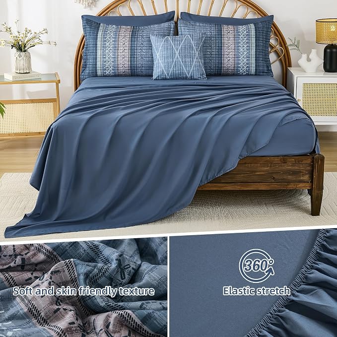 Dintszyayue Blue Comforter Set Full Size, 8 Pieces Boho Striped Bed in a Bag Soft Microfiber Bedding Set for All Season