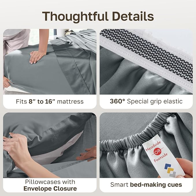 California Design Den Certified 100% Egyptian Cotton King Sheet Set, Grey | Backed by Good Housekeeping Seal, Light & Airy Soft Sateen, 16" Deep Pocket, All-Around Elastic, Durable, Easy Care 4pc Set