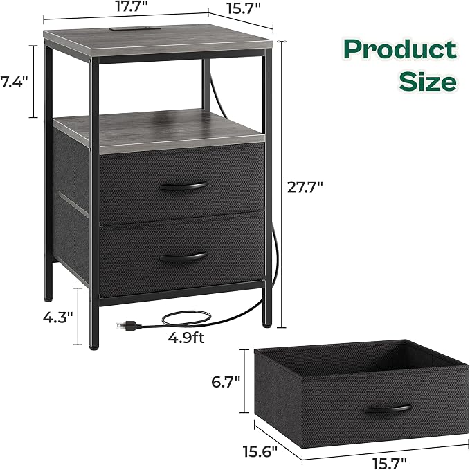 Huuger Night Stand with Charger Station, 27.7 Inch Tall Nightstand | Bed Side Table with 2 Fabric Drawers, Side Table for Bedroom, End Table for Living Room, Couch, Grey