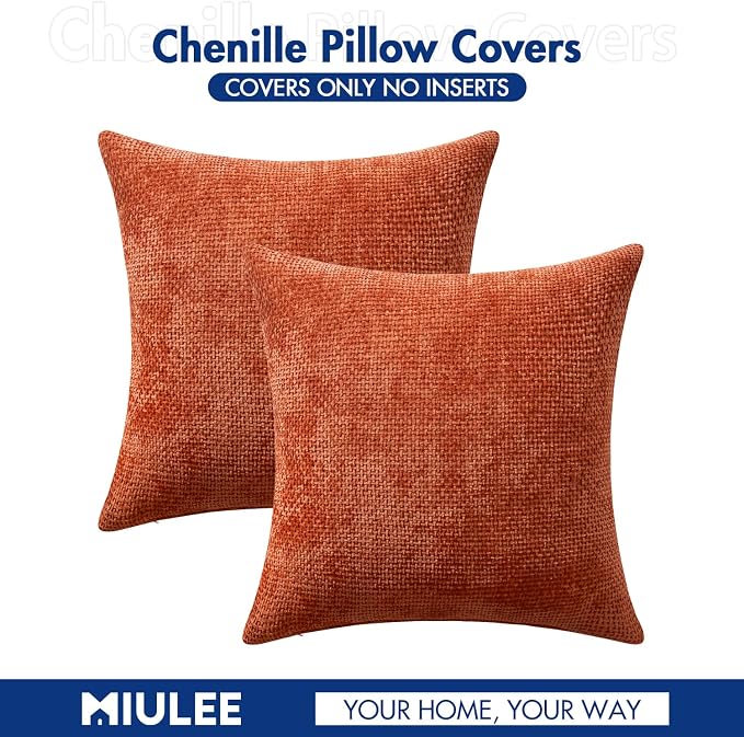 MIULEE Fall Decorative Couch Throw Pillow Covers 16x16 Burnt Orange 2 Pack | Modern Boho Accent, Soft Chenille Pillow Covers, Farmhouse Cushion Cases for Home Decor Bed Sofa Living Room