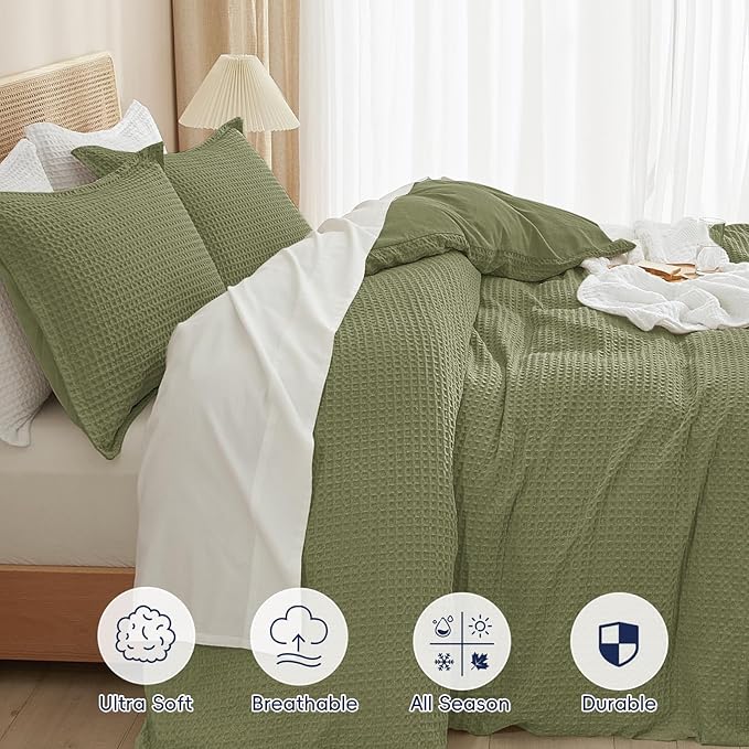 PHF Waffle Duvet Cover California King,Soft Breathable,104"x98",Olive Green | 300GSM Fabrie，No Snagging Textured Honeycomb Comforter Cover for All Season 3pcs, Durable Bedding Duvet Set, Home Decor Gift