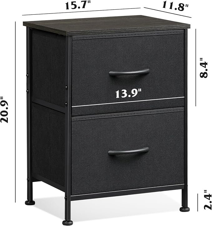 WLIVE Black Nightstand Set of 2, Night Stand with 2 Fabric Drawers, Small Dresser for Bedroom, Bedside Tables for Small Spaces, Dorm, Wood Top | Versatile Small Side Table, Sturdy Metal Frame & Adjustable Feet, 15-Min Quick-Assembly