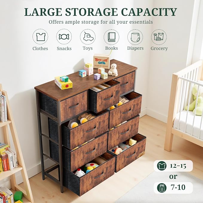 9-Drawer Dresser for Bedroom, Anti-Tip Tall Storage Organizer | Chest of Drawers with Wooden Top and Metal Frame Fabric Bins for Closet, Living Room, Hallway, Entryway, Brown