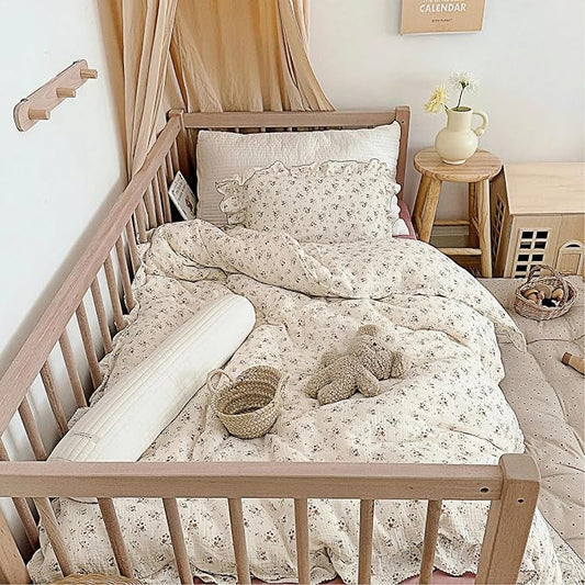 Beige Kids Toddler Baby Duvet Cover Girls Muslin Duvet Covers Floral Nursery Quilt Cover Gauze Bedding Coverlet, 47"x59", Crapemyrtle Print (No Pillowcases)