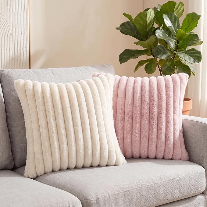Pack of 2 Throw Pillow Covers 18x18 Decorative Solid Plush Faux Fur with Soft Velvet Back, Square Striped Cushion Cases Modern Farmhouse Home Decor for Living Room Couch Sofa Bed Cream White