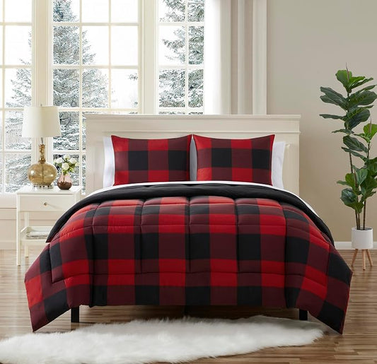 7 Piece Comforter Set Bag Solid Color All Season Soft Down Alternative Blanket & Luxurious Microfiber Bed Sheets, Full, Buffalo Plaid Burgundy/Black
